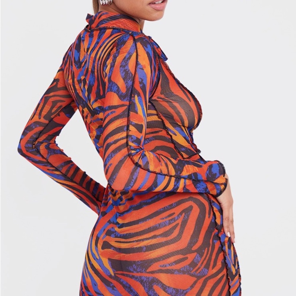Petite Orange Zebra Print Mesh Lace Up Dress